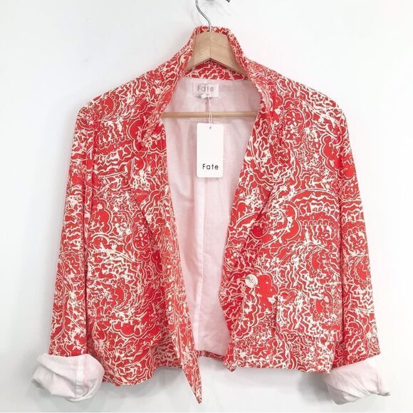 FATE Red Orange Cotton Linen Abstract Floral Cropped V Neck Spring Blazer NEW - Picture 5 of 16